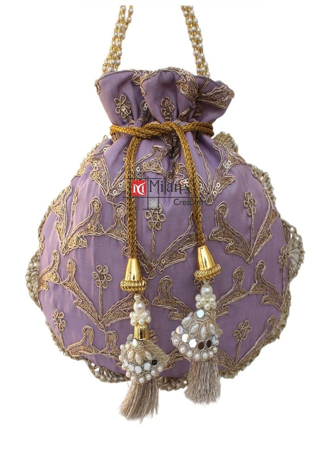 MILAN'S CREATION Fancy Potli Bag Golden Embroidery Shimmer Silk Designer Purse Drawstring Purse With Pearl Handle & Tassel | Ladies Women’s Handbag | Party Wedding Festival Giveaways Gift (Violet) - Image 2
